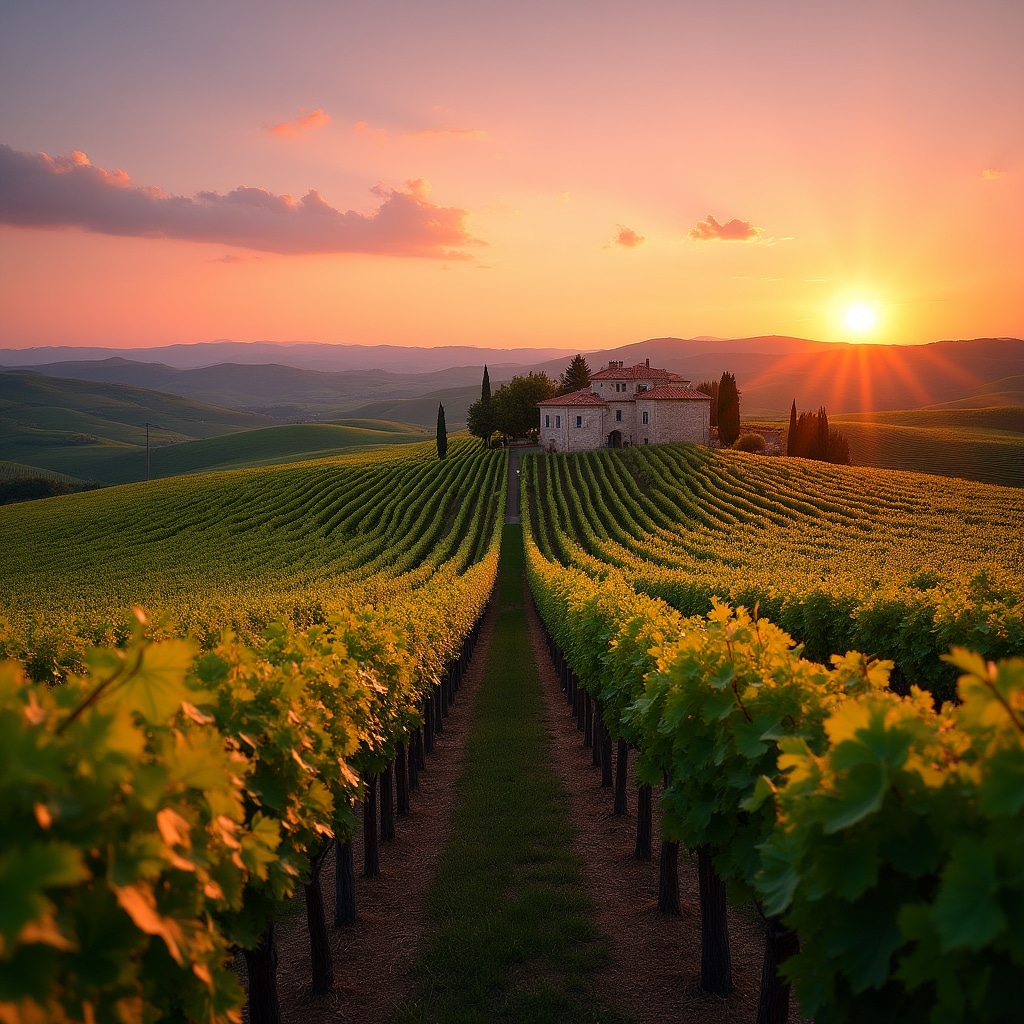 Vigneto italiano al tramonto con filari ordinati e paesaggio collinare